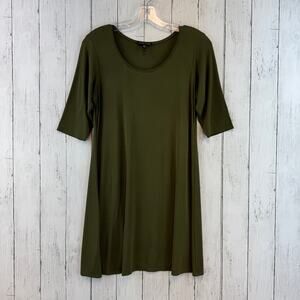 Eileen Fisher Olive Green Silk Jersey Half-Sleeve A-Line Tunic Top Size XS